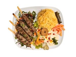 Brochettes de Kefta (4 pièces) avec Riz/Frites
